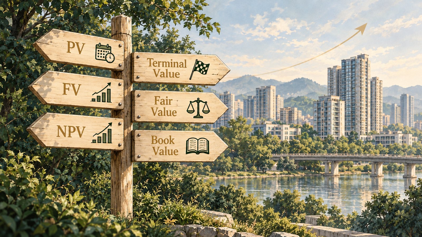 Biển chỉ đường với 6 khái niệm PV, FV, NPV, Terminal Value, Fair Value và Book Value trước khu đô thị